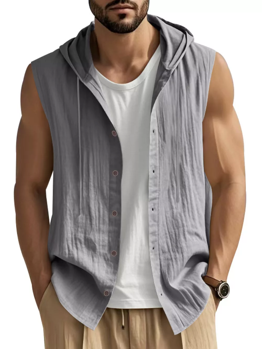 Men's Full Size Casual Sleeveless Hooded Button-Down Top Plus Size, image 9