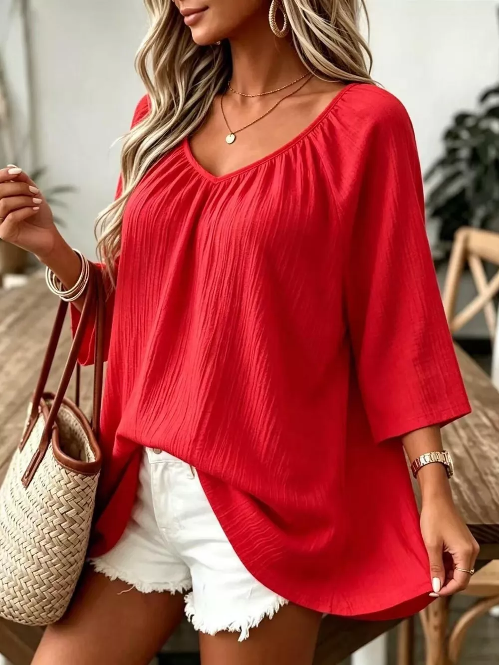 Full Size Textured V-Neck Casual T-Shirt Plus Size, image 18