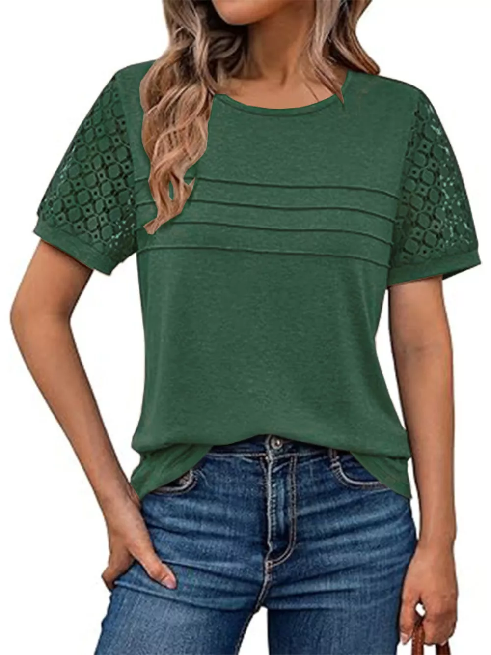 Lace Short Sleeve Round Neck T-Shirt, image 10
