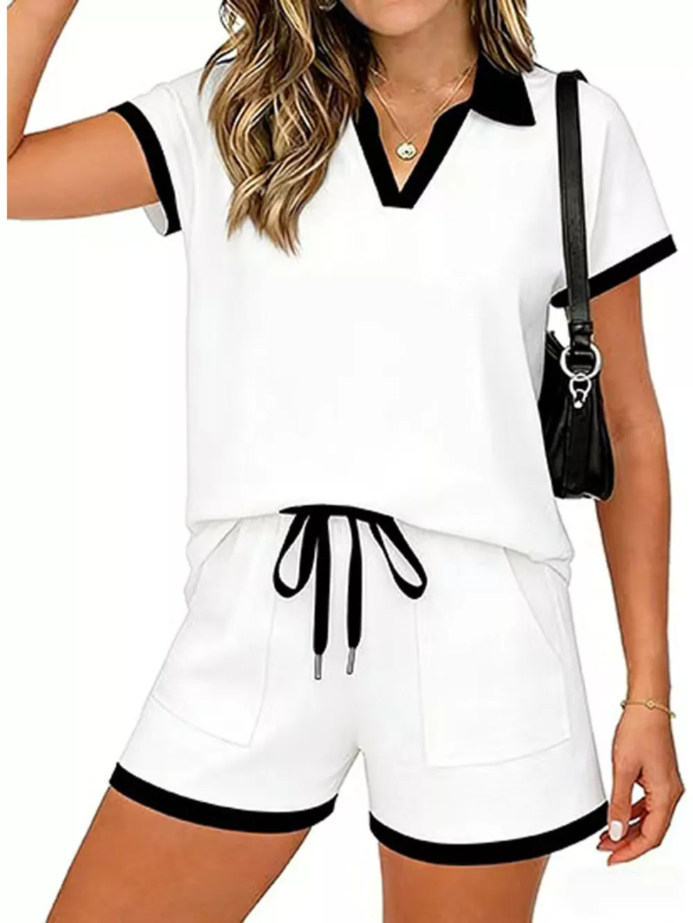 Polo Collar Short Sleeve Top and Shorts Set, image 9