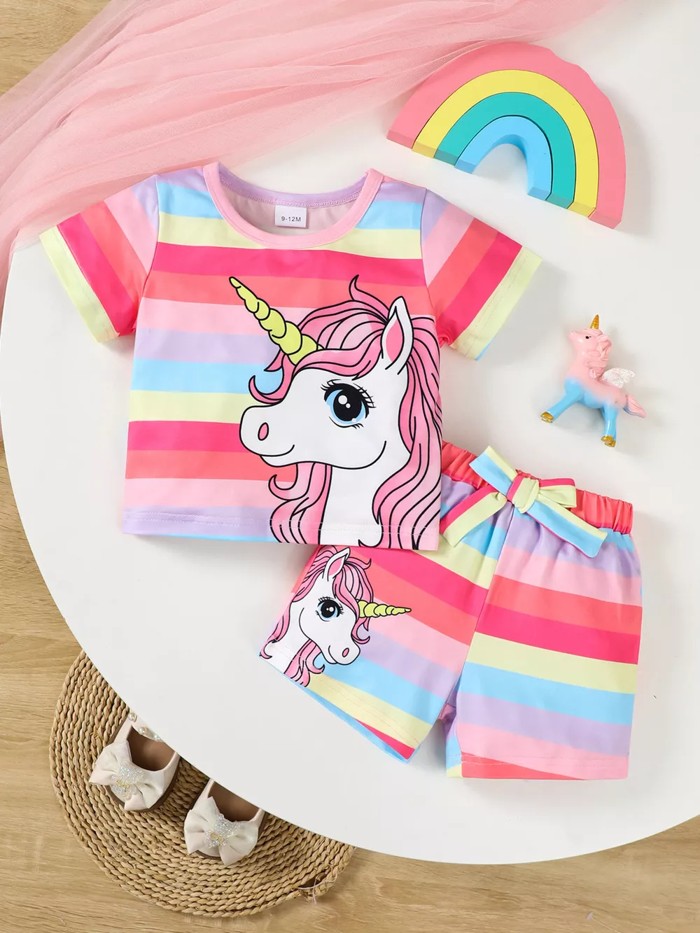 Children's Rainbow Striped Unicorn T-Shirt and Shorts Set, image 3