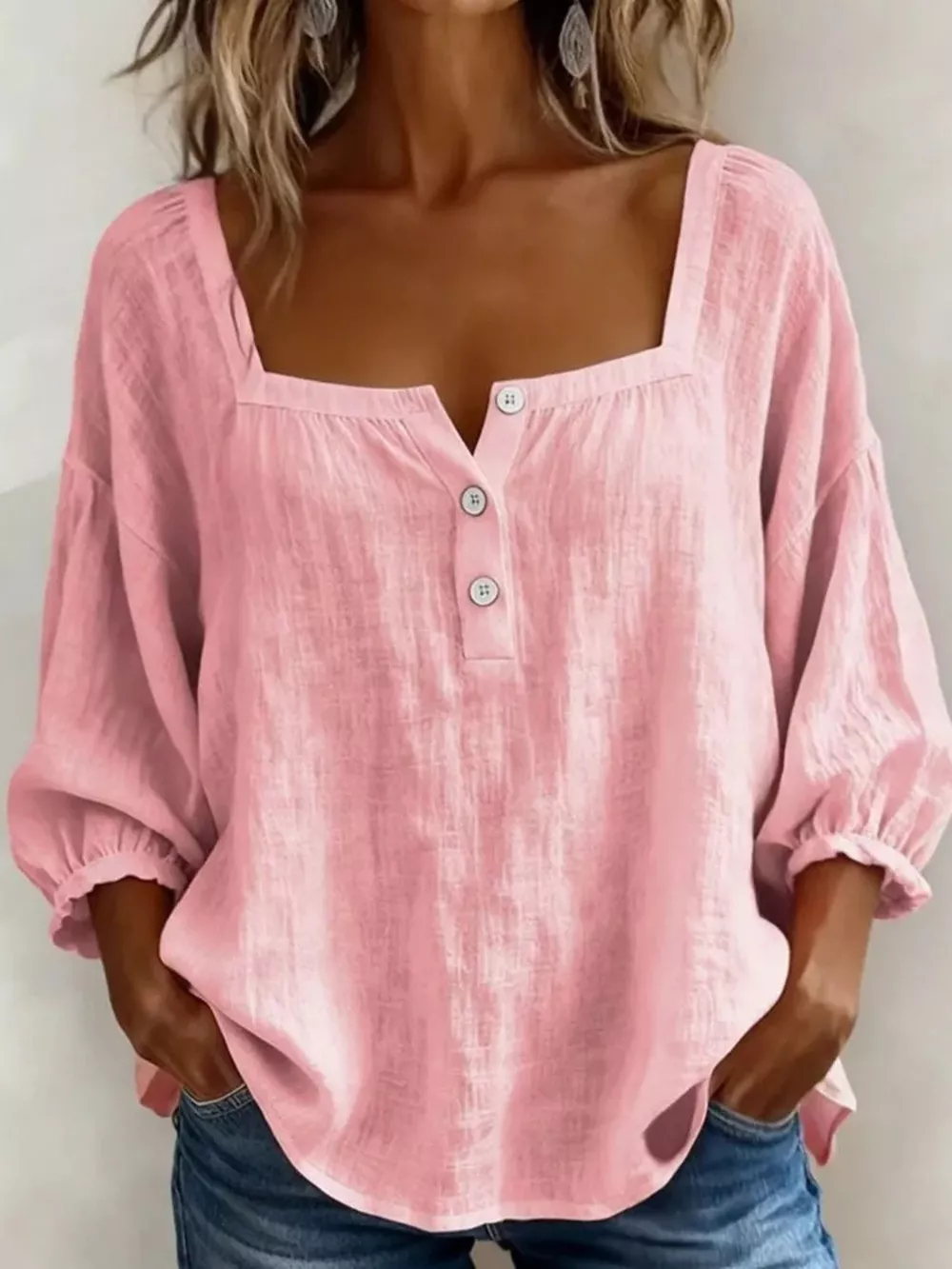 Full Size Square Neck Button Detail Blouse Plus Size, image 7