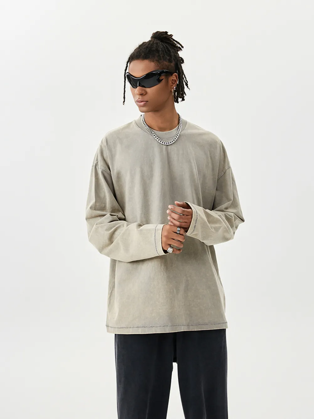 Men's Washed Round Neck Long Sleeve T-Shirt, image 8