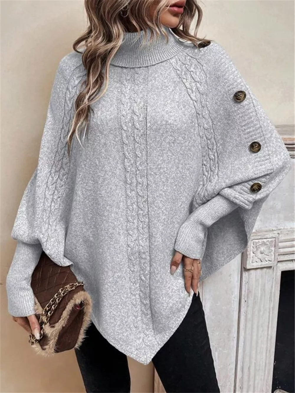Cable Knit Turtleneck Cape Sweater, image 21