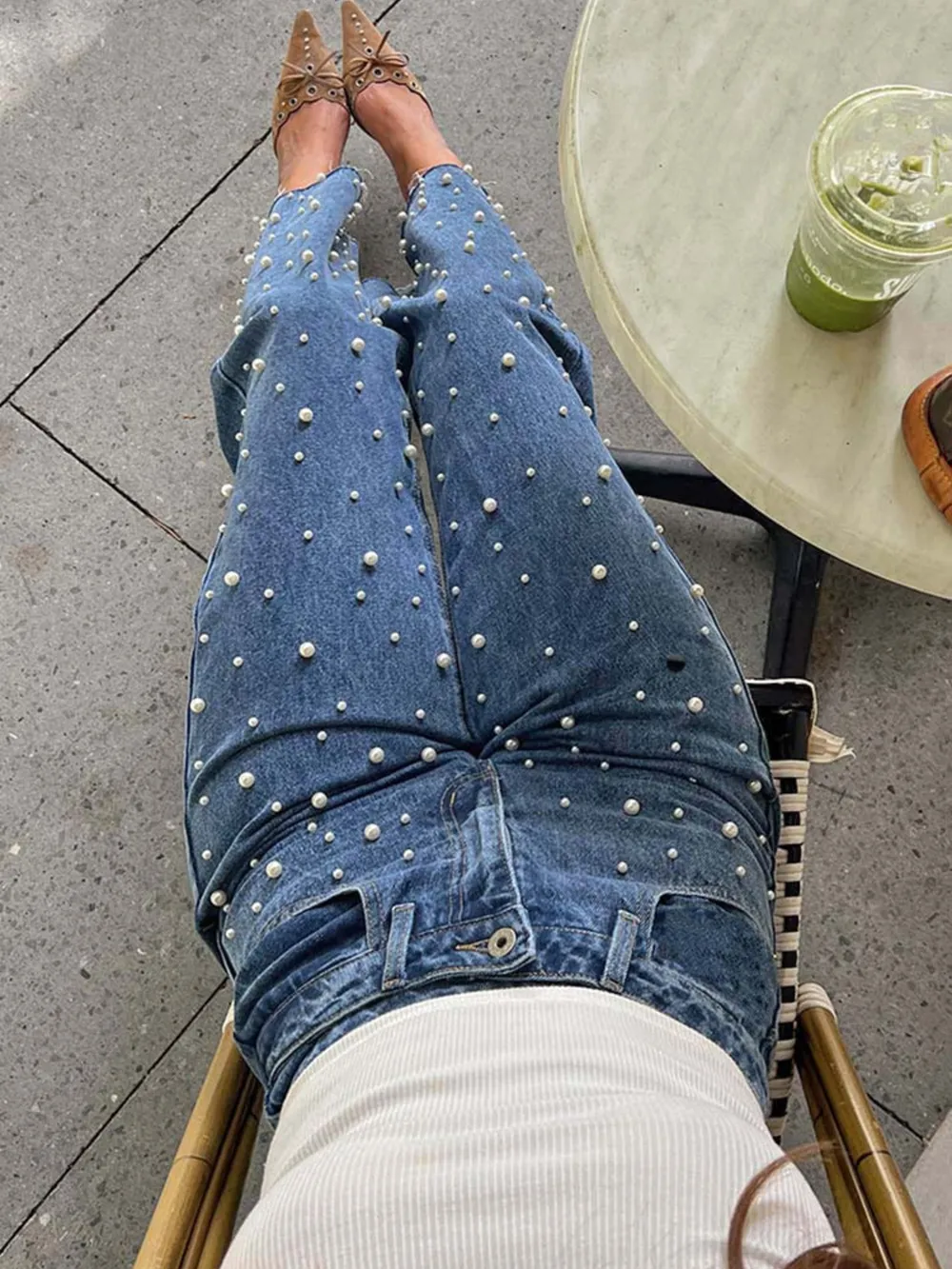 Pearl Embellished High Waist Straight Leg Jeans, image 5