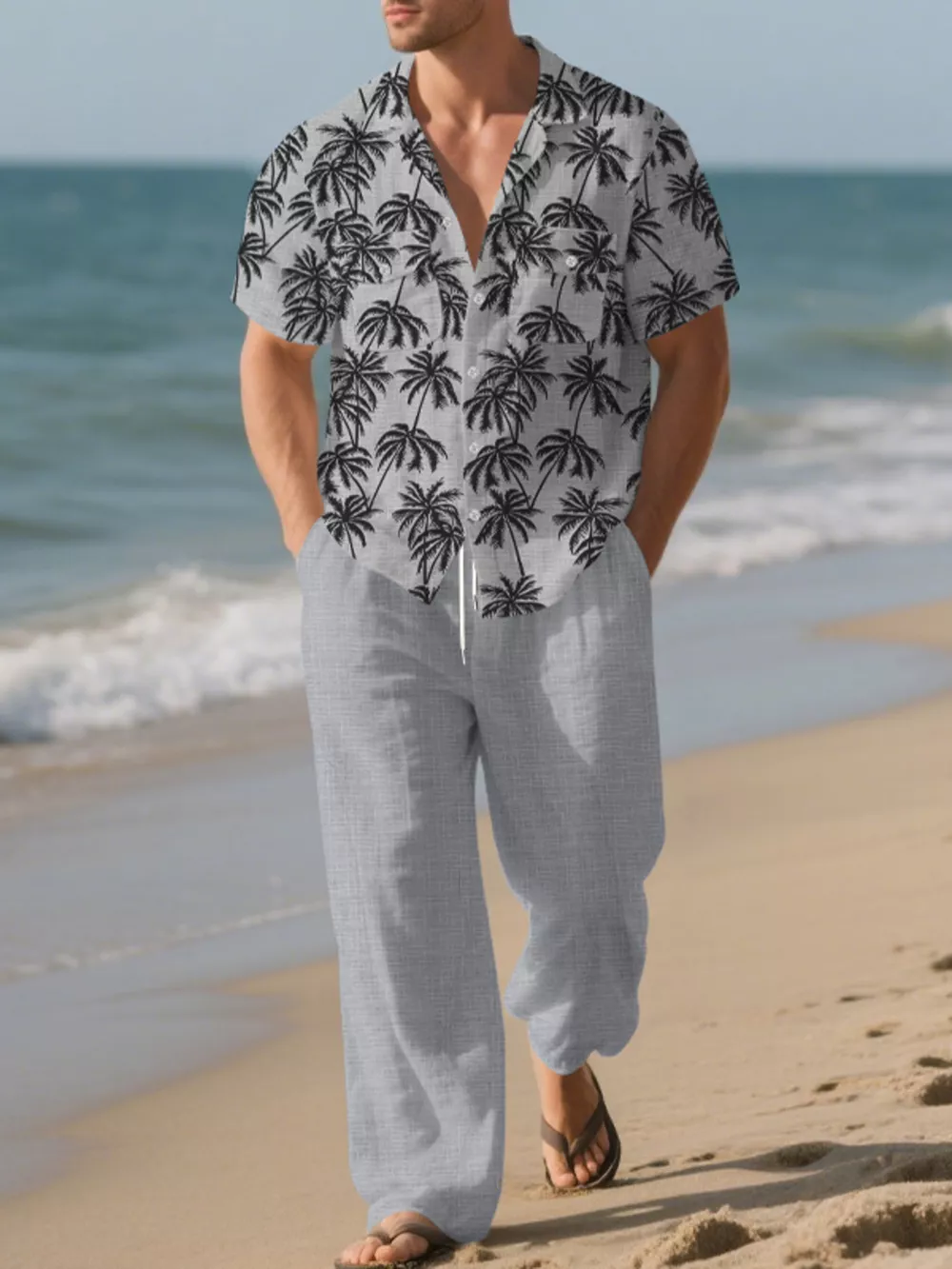 Men's Full Size Tropical Palm Print Button Up Shirt and Pants Set Plus Size