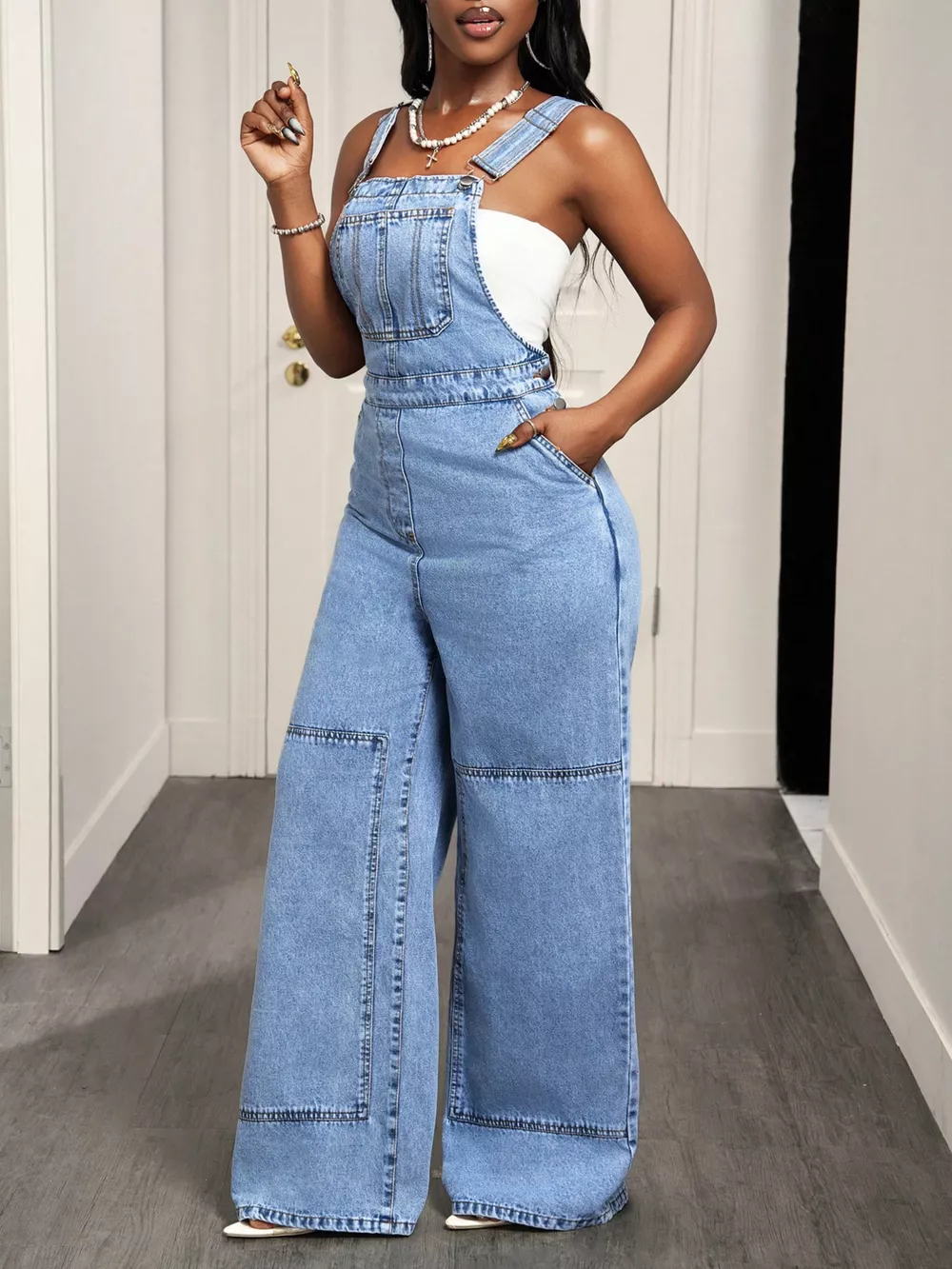 Wide Strap Wide Leg Denim Overalls, image 3