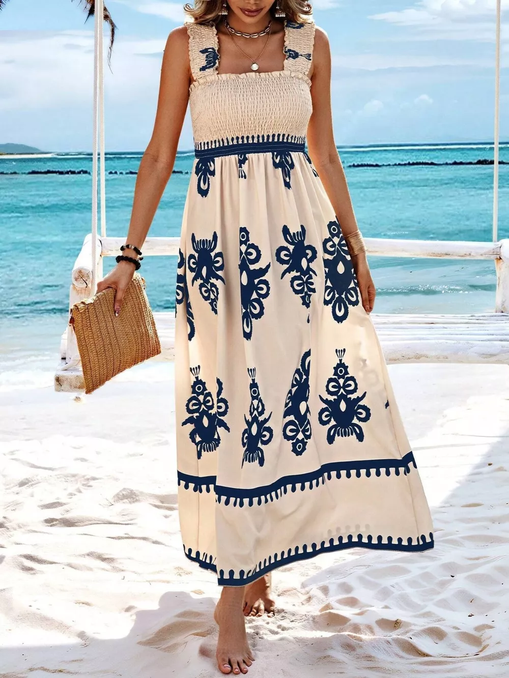 Smocked Printed Square Neck Maxi Dress, image 2