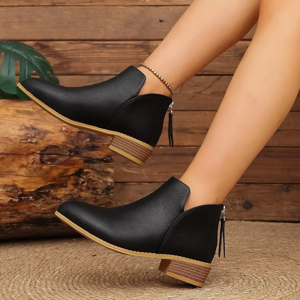 Classic Faux Leather V-Cut Ankle Boots with Block Heel, image 2