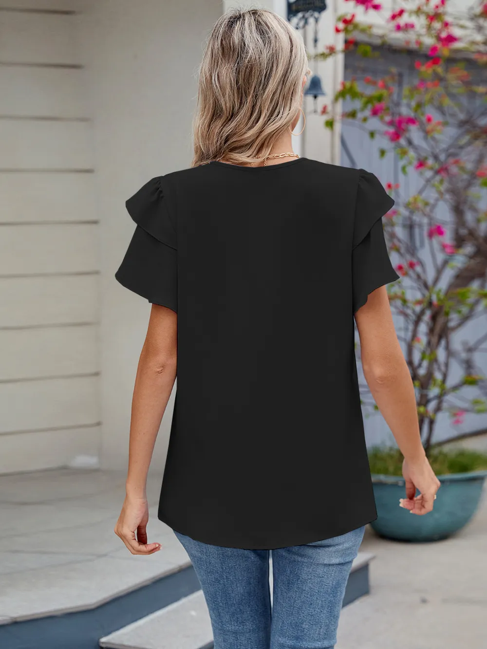 Round Neck Ruffled Layered Sleeve Blouse