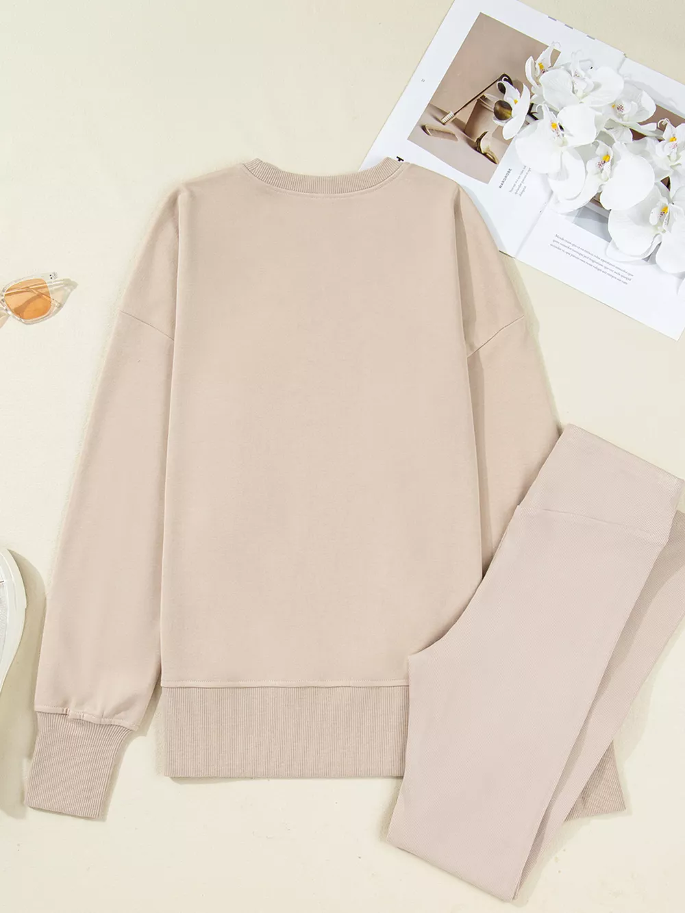 Solid Color Oversize Slit Sweatshirt and Ribbed Leggings 2pcs Set, image 15