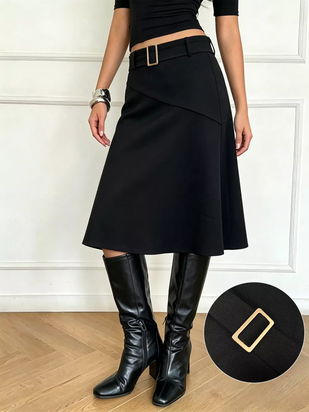 High-Waisted A-Line Midi Skirt with Belted Detail, image 3