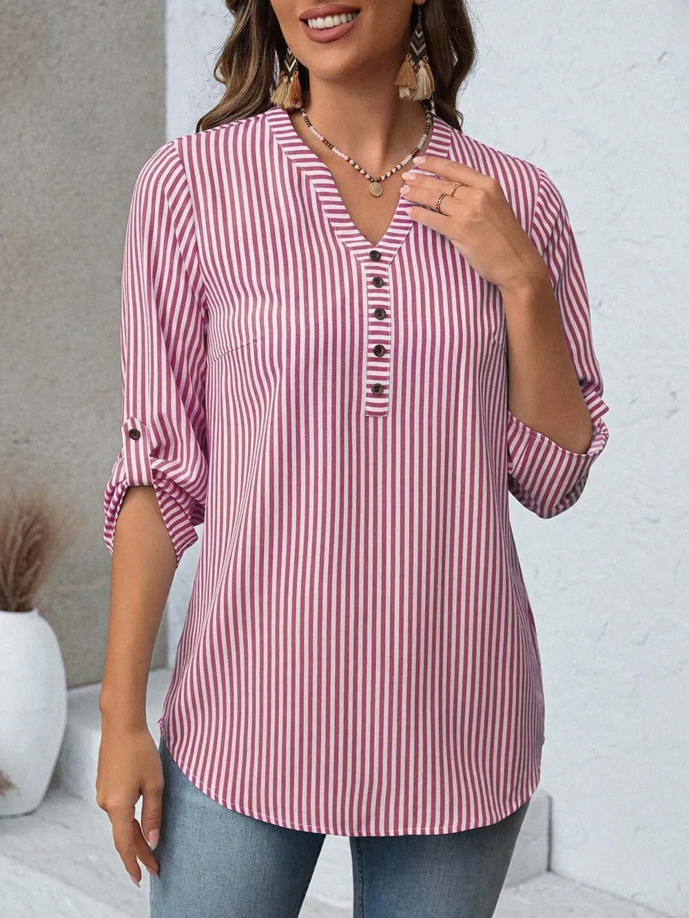 Striped V-Neck Roll-Up Sleeve Blouse, image 17