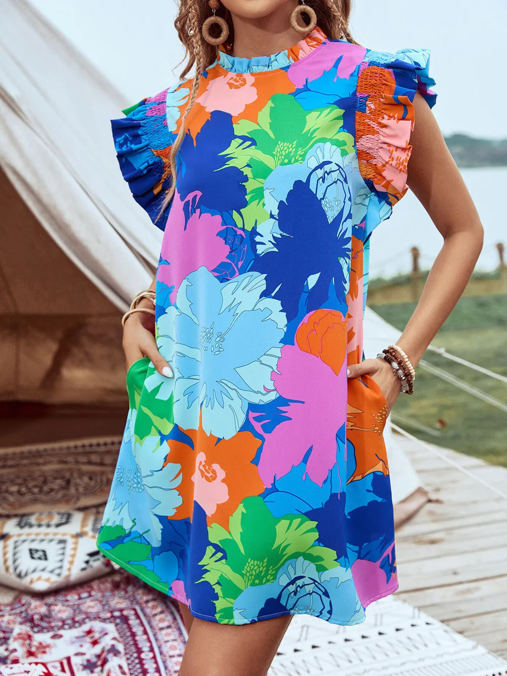 Printed Ruffled Cap Sleeve Mini Dress, image 11
