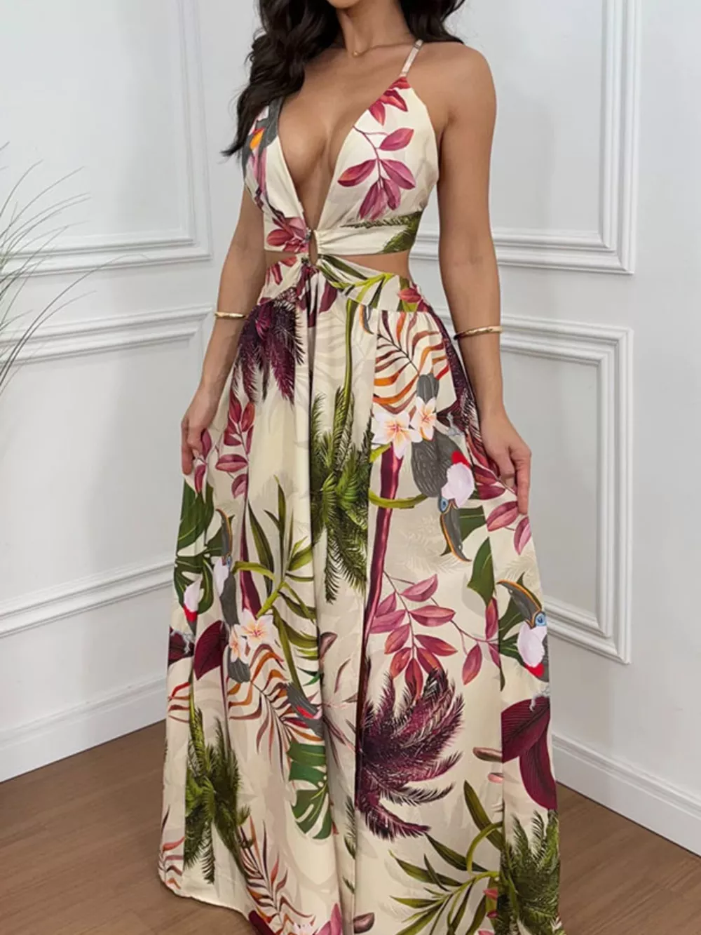 Tropical Print Plunge Cutout Slit Maxi Dress, image 3
