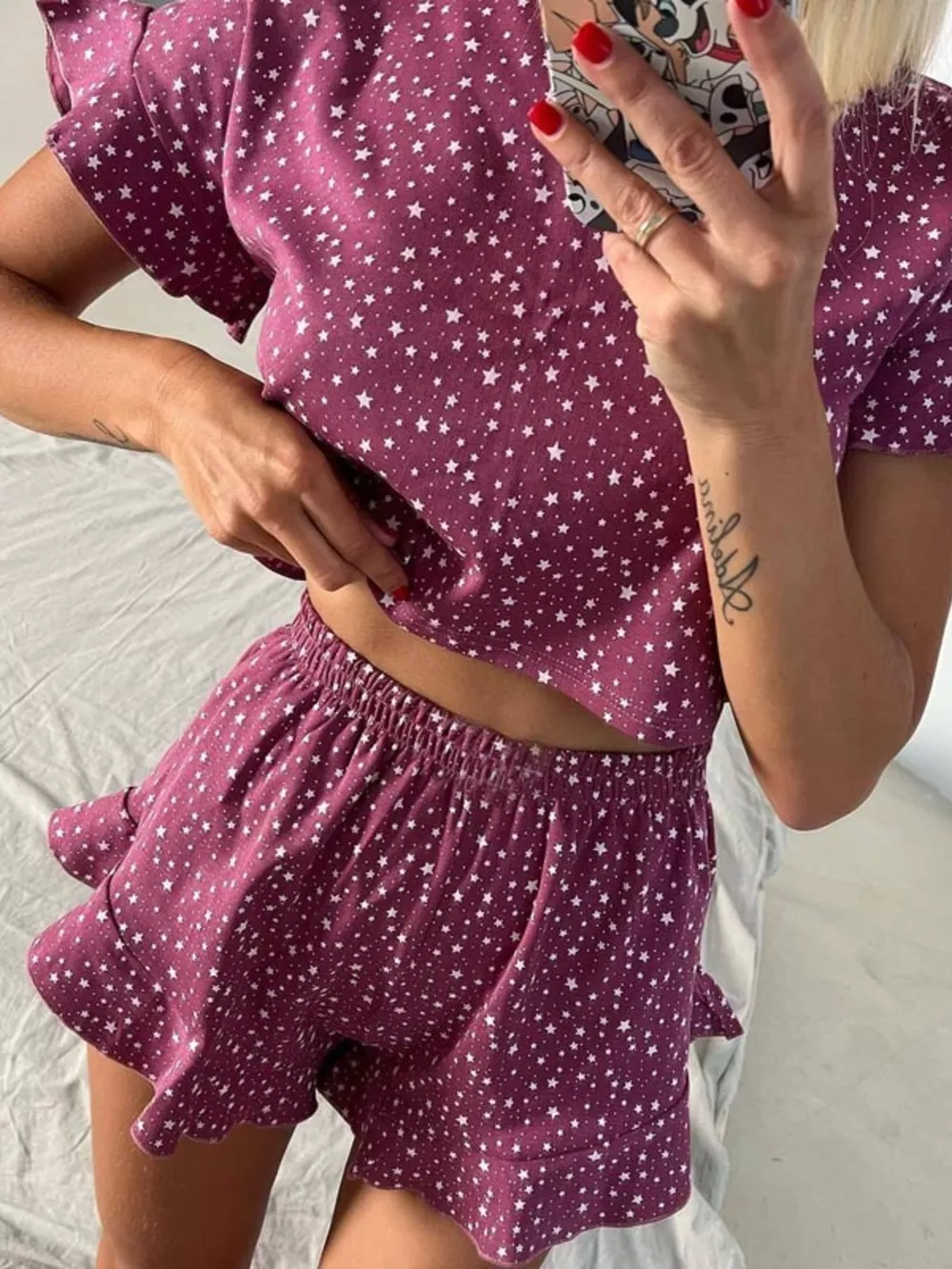 Printed Crop Top and Ruffled Shorts Lounge Set, image 5