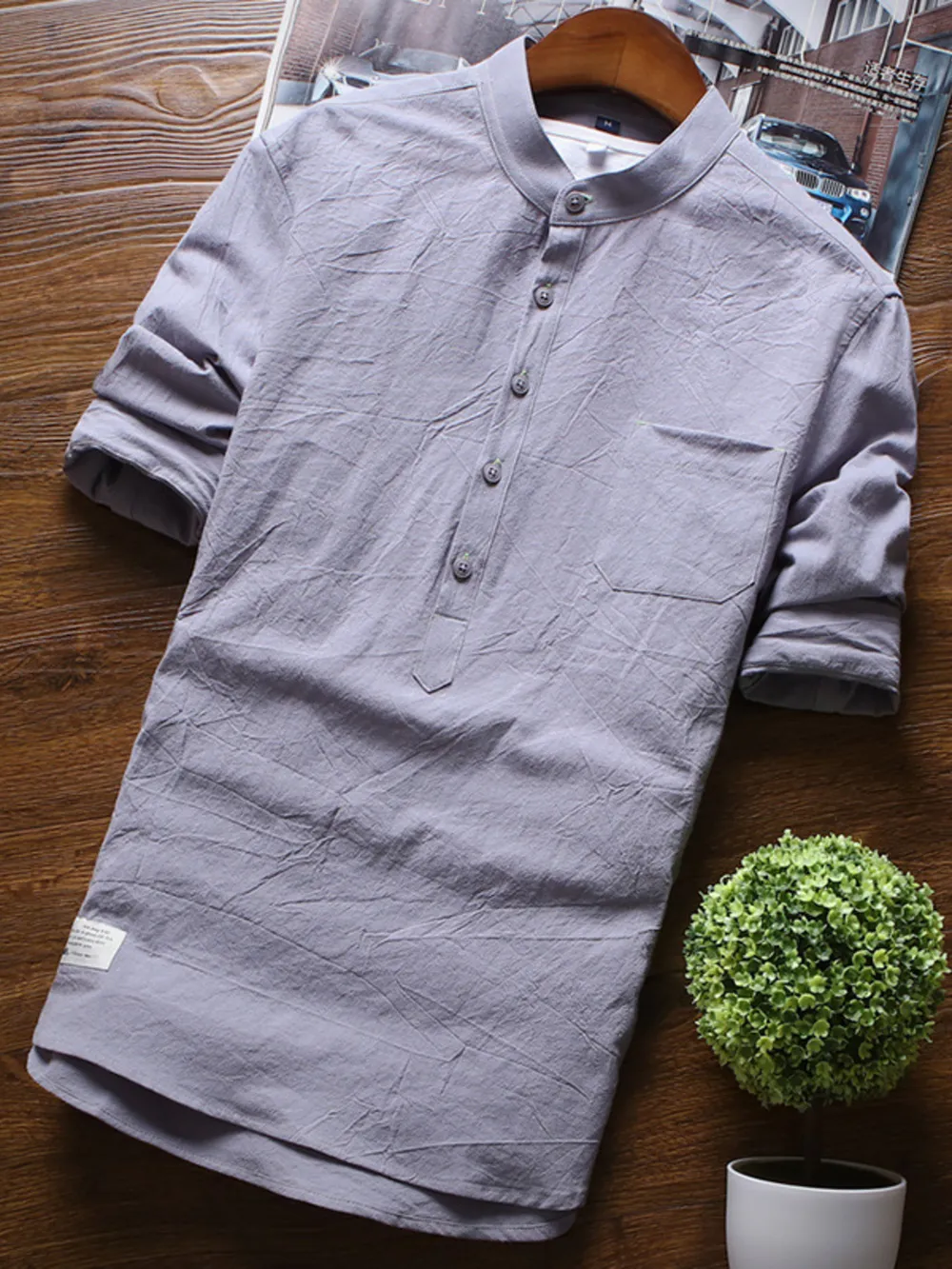 Men's Full Size Casual Mandarin Collar 3/4 Sleeve Shirt Plus Size, image 4