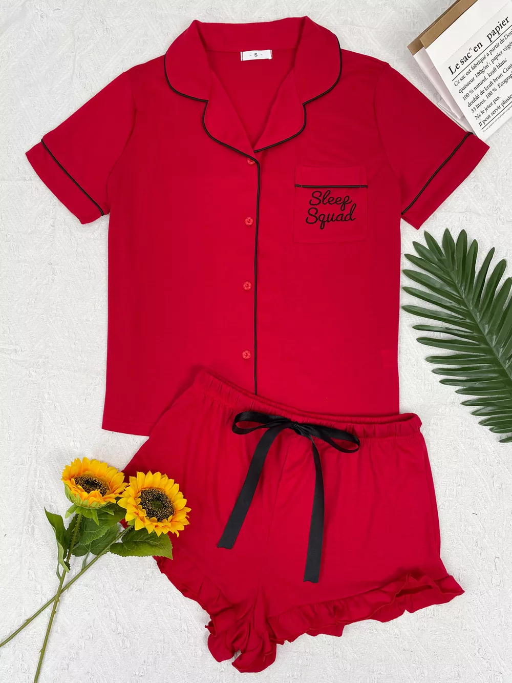Contrast Piping Button-Down Shirt and Ruffle Shorts Lounge Set, image 7