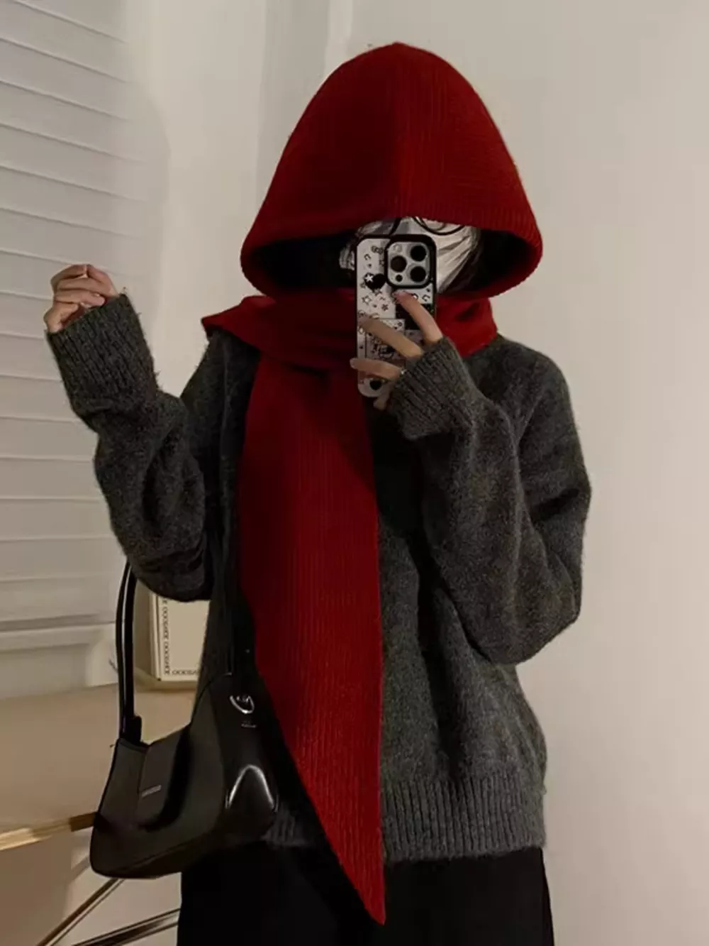 Knitted Hat with Attached Scarf, image 2