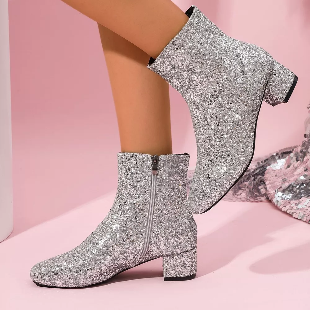 Sequin Round Toe Block Heels Boots, image 10
