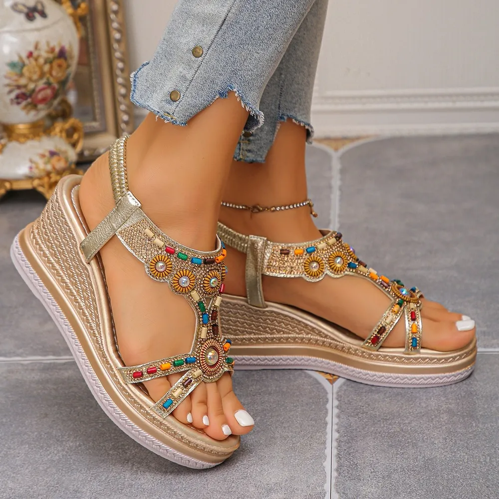 Beaded Open Toe Wedge Sandals, image 4