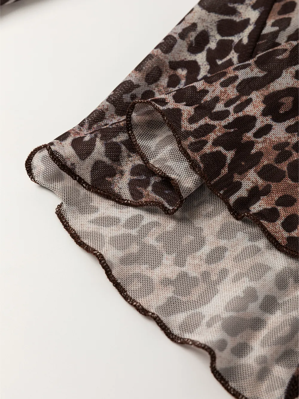 Leopard Sheer Mesh Long Sleeve V Neck Lace-Up Blouse, image 13