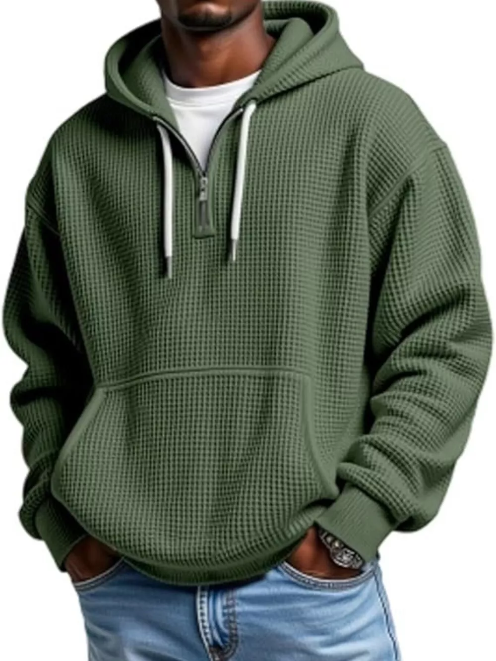 Men's Full Size Waffle Knit Quarter Zip Hoodie Plus Size, image 10