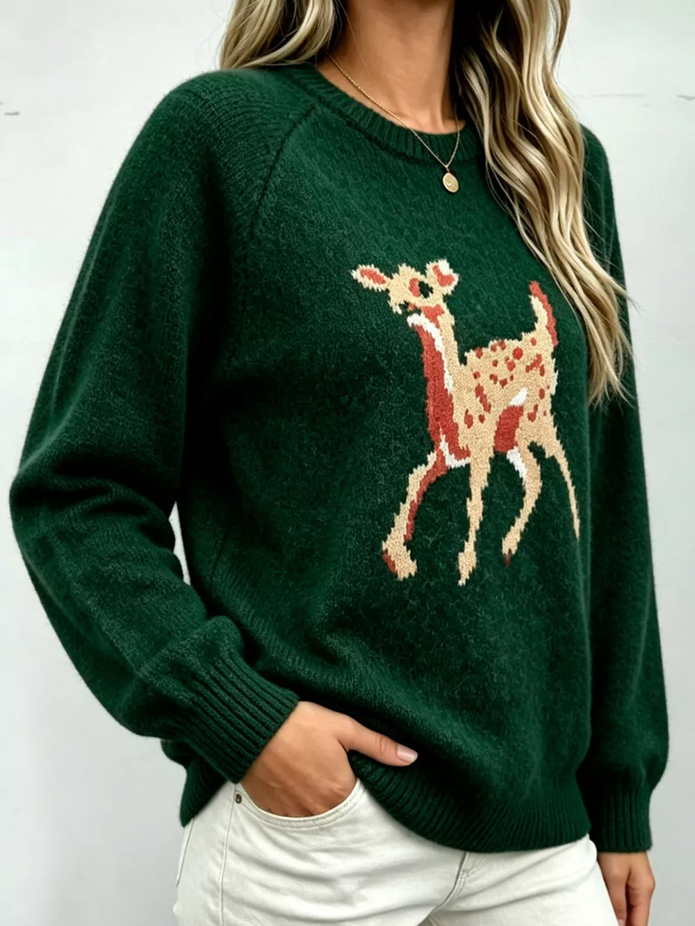 Deer Pattern Raglan Sleeve Sweater, image 12