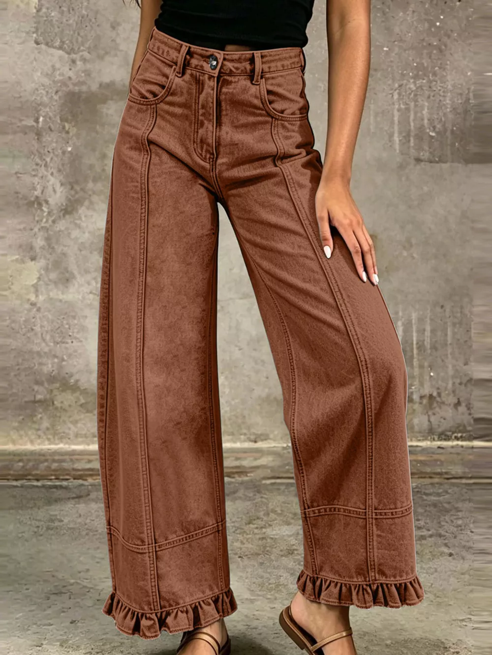 Full Size High-Waisted Wide-Leg Ruffled Hem Jeans Plus Size, image 12