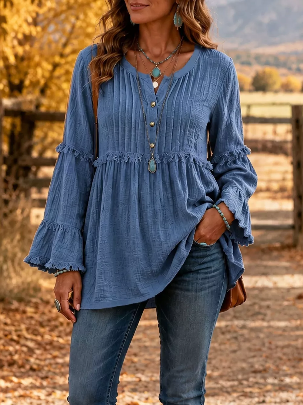 Full Size Fringe Trim Ruffle Sleeve Blouse Plus Size, image 4