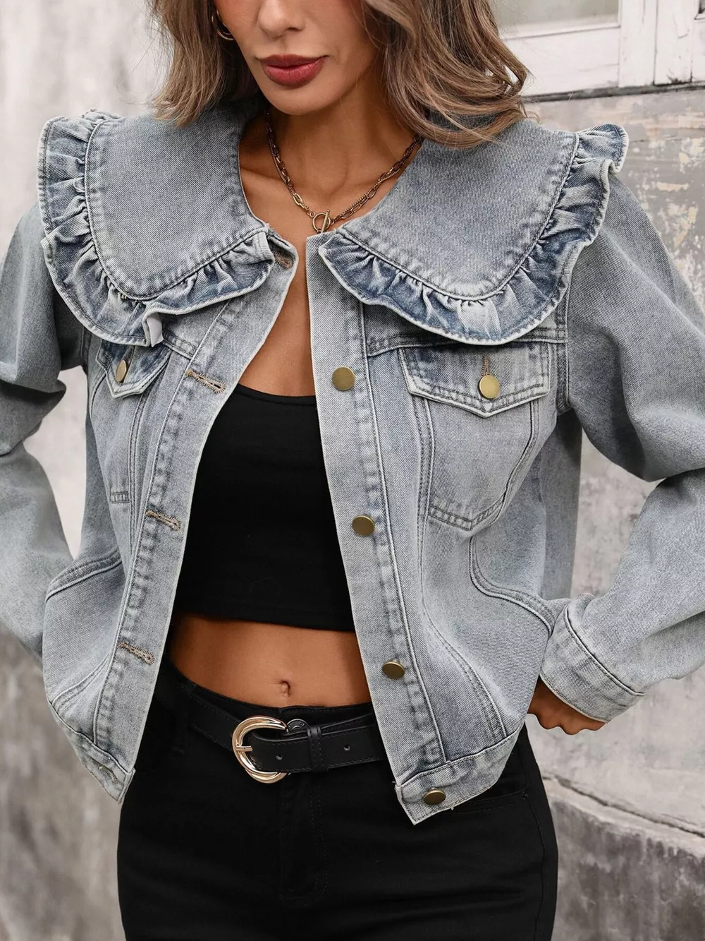 Floral Ruffle Collar Denim Jacket, image 8
