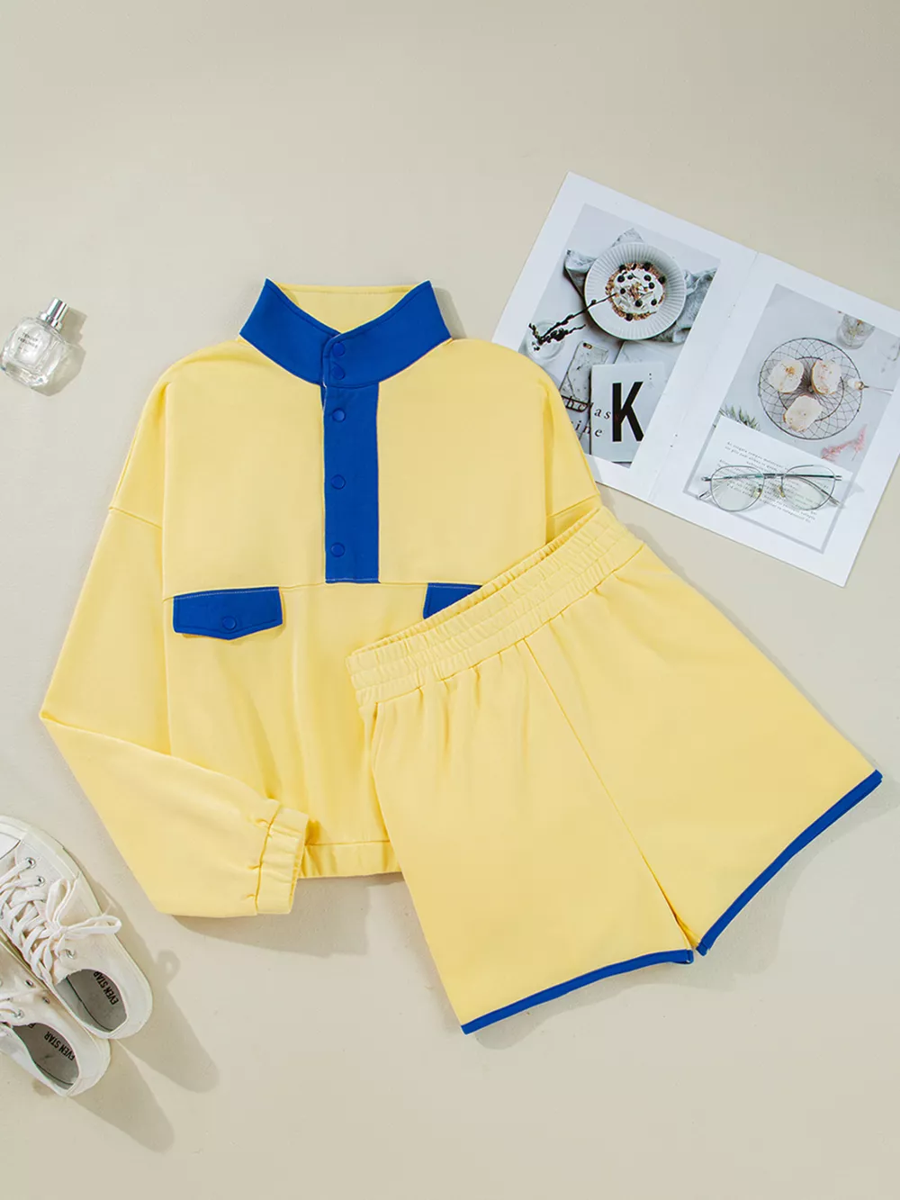 Color Block Patchwork Half Button Top and Shorts 2pcs Set, image 10