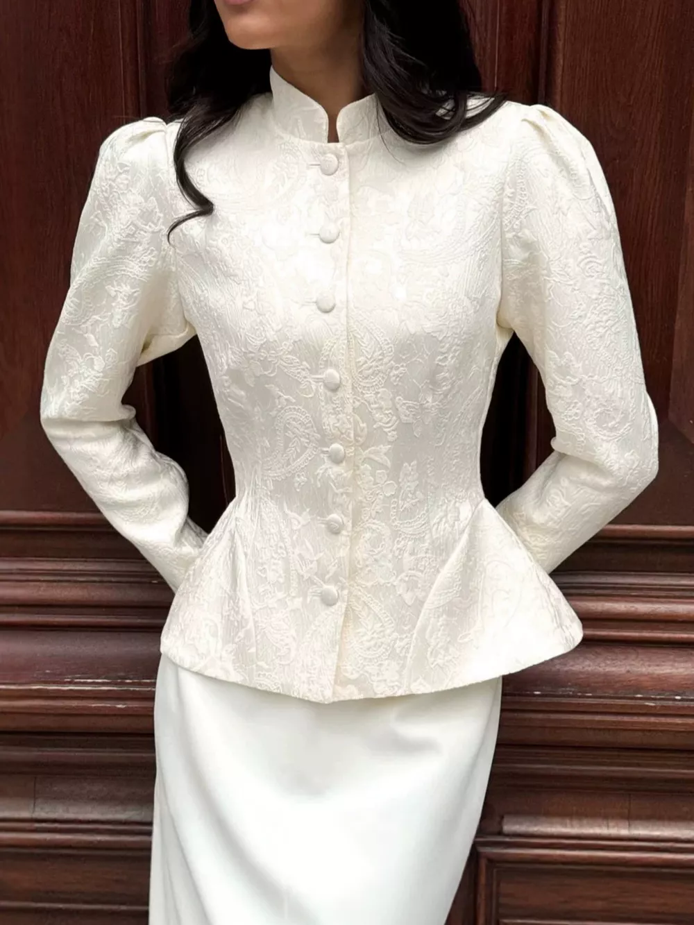 Jacquard Peplum Puff Sleeve Outerwear