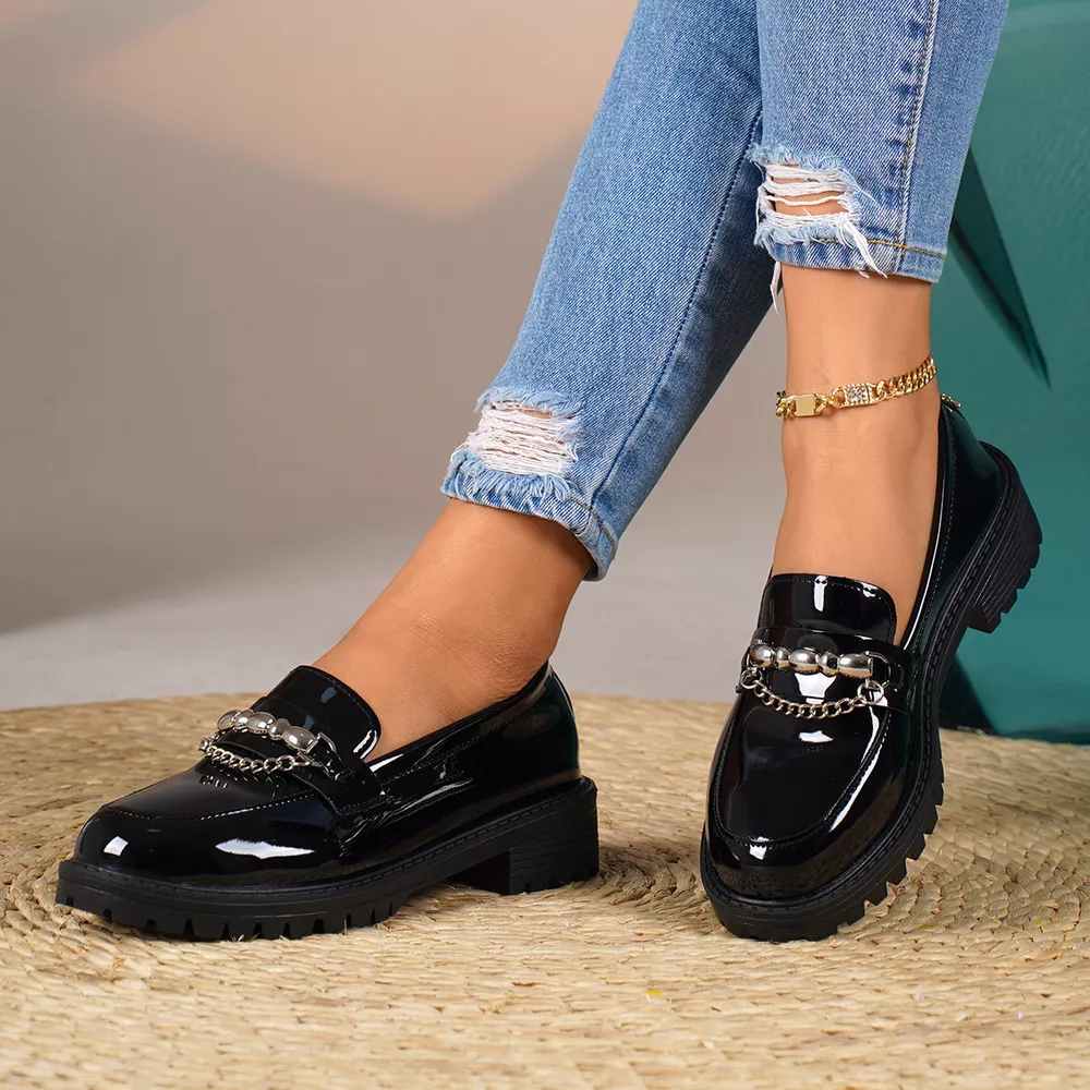 Chain Embellished Round Toe Loafers, image 5