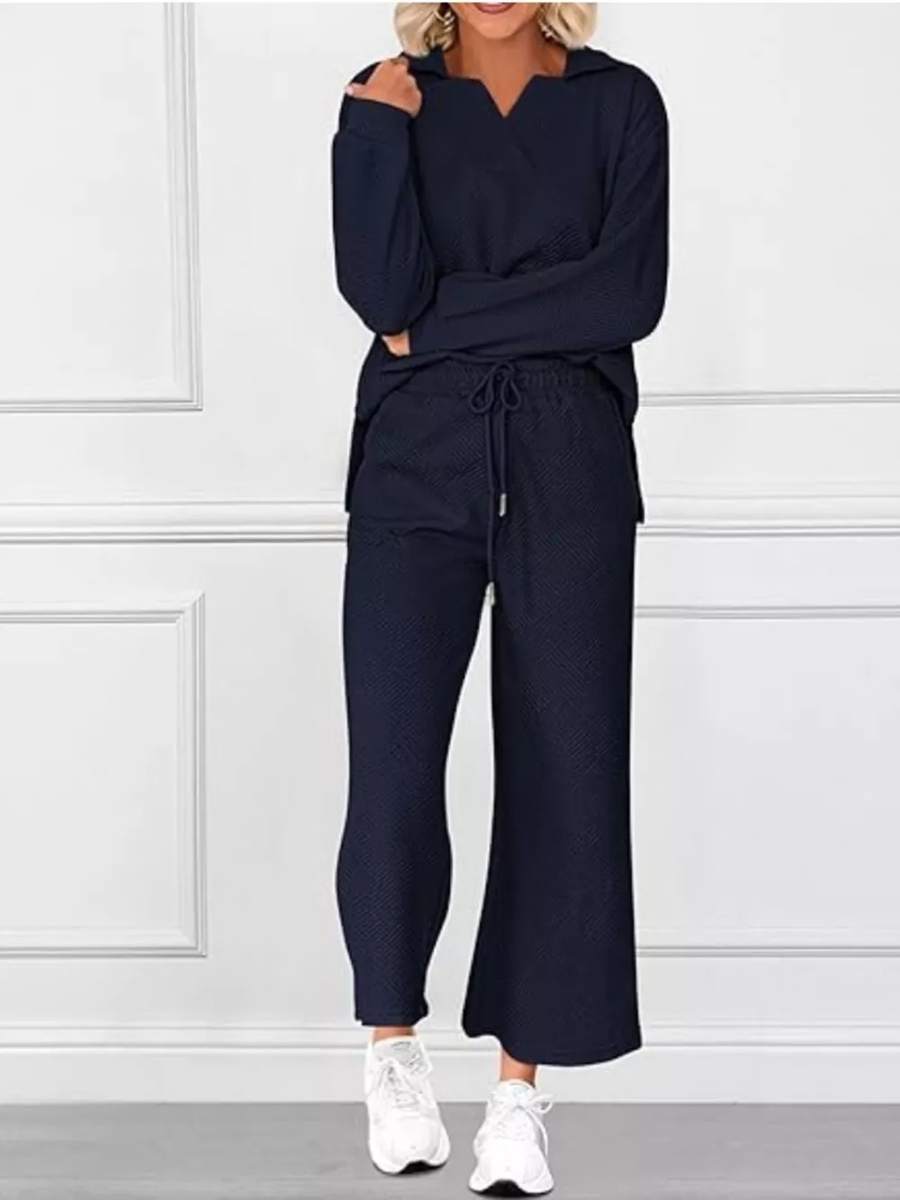 Side Slit Textured Top and Drawstring Pants Set, image 19