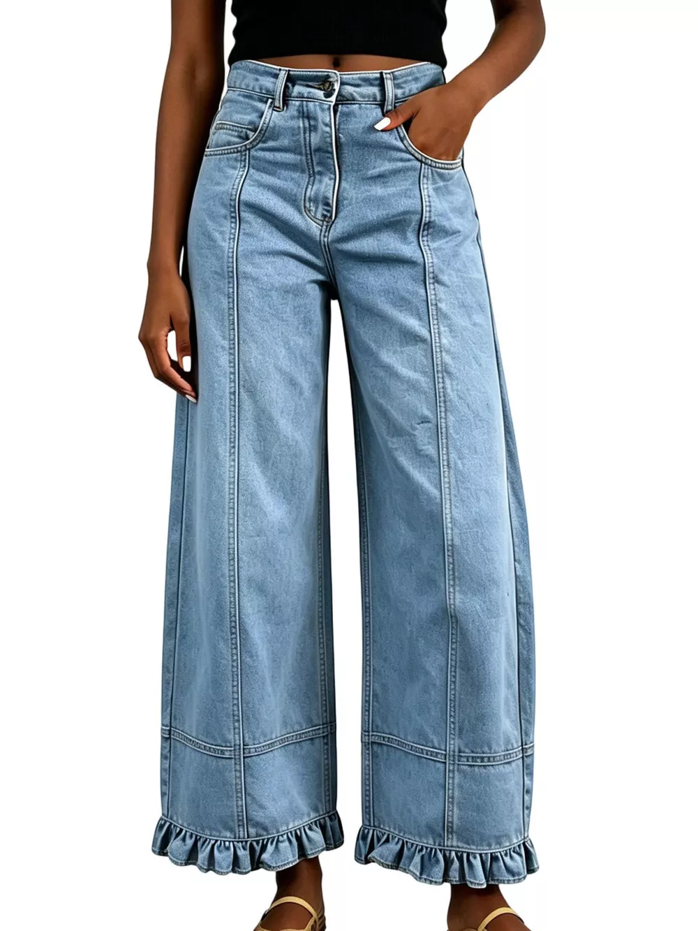 Full Size High-Waisted Wide-Leg Ruffled Hem Jeans Plus Size, image 3