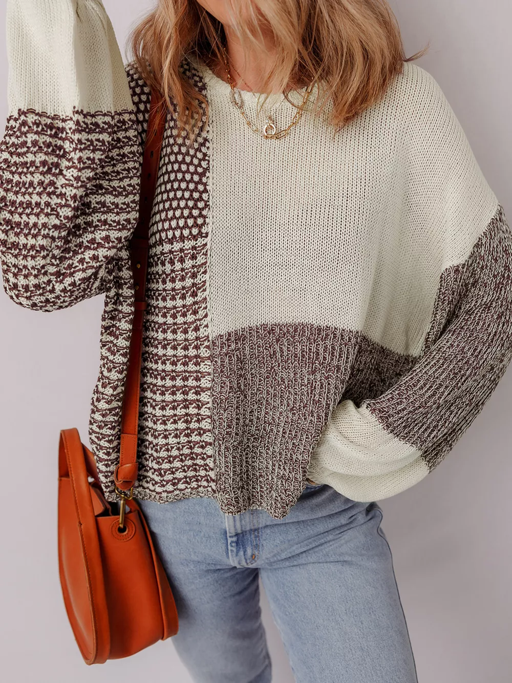 Color Block Back Tie Drop Shoulder Loose Sweater, image 4