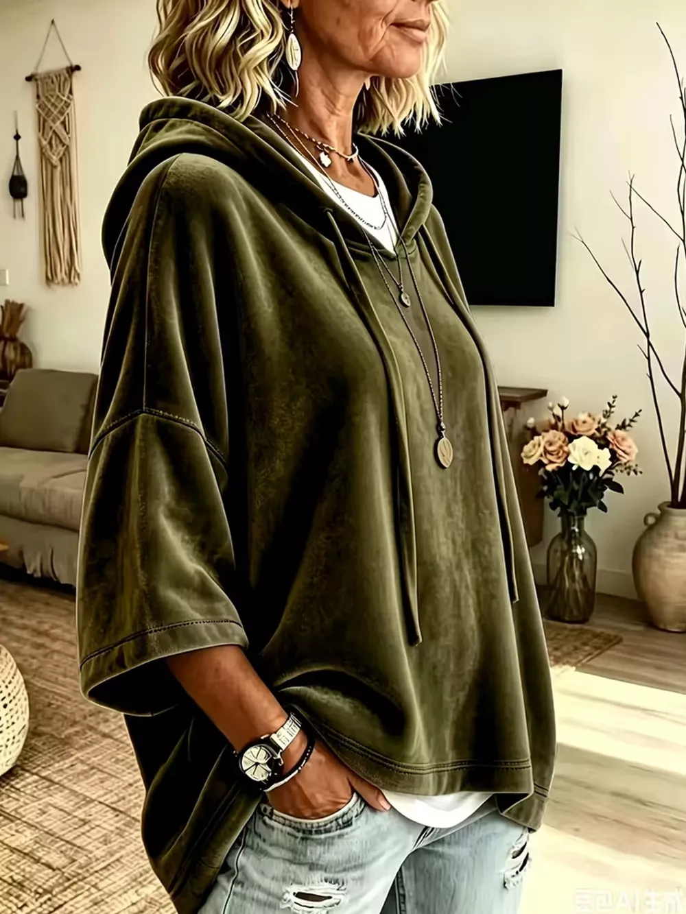 Velvet Loose Fit Hoodie with Drawstring, image 7