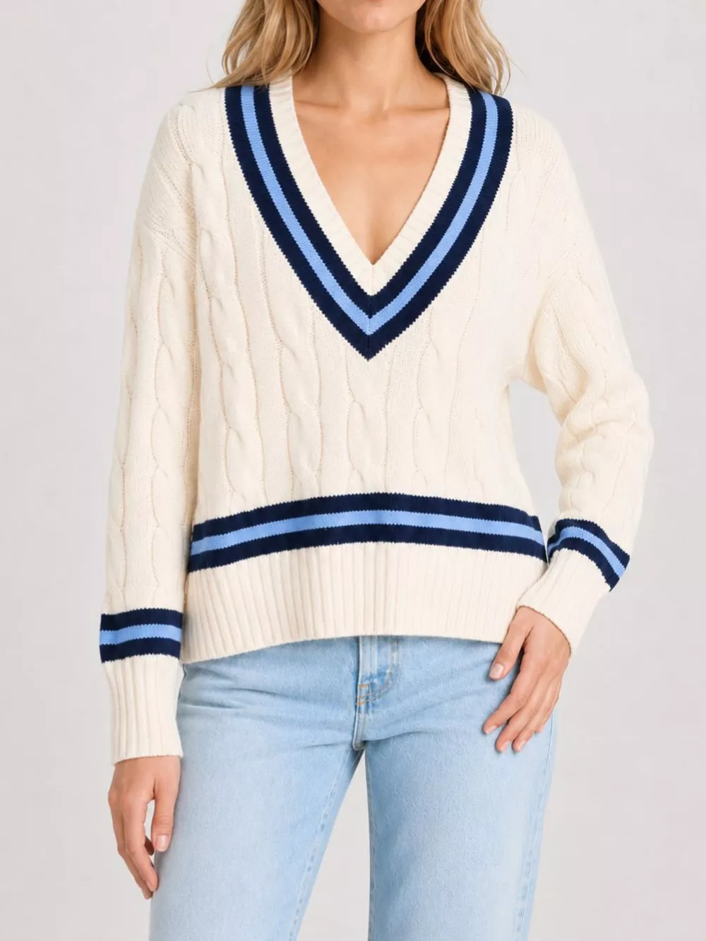 V-Neck Cable Knit Sweater with Contrast Striped Trim, image 3