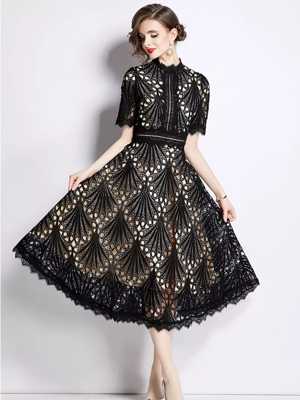 Full Size Lace Short Sleeve Midi Dress Plus Size, image 7
