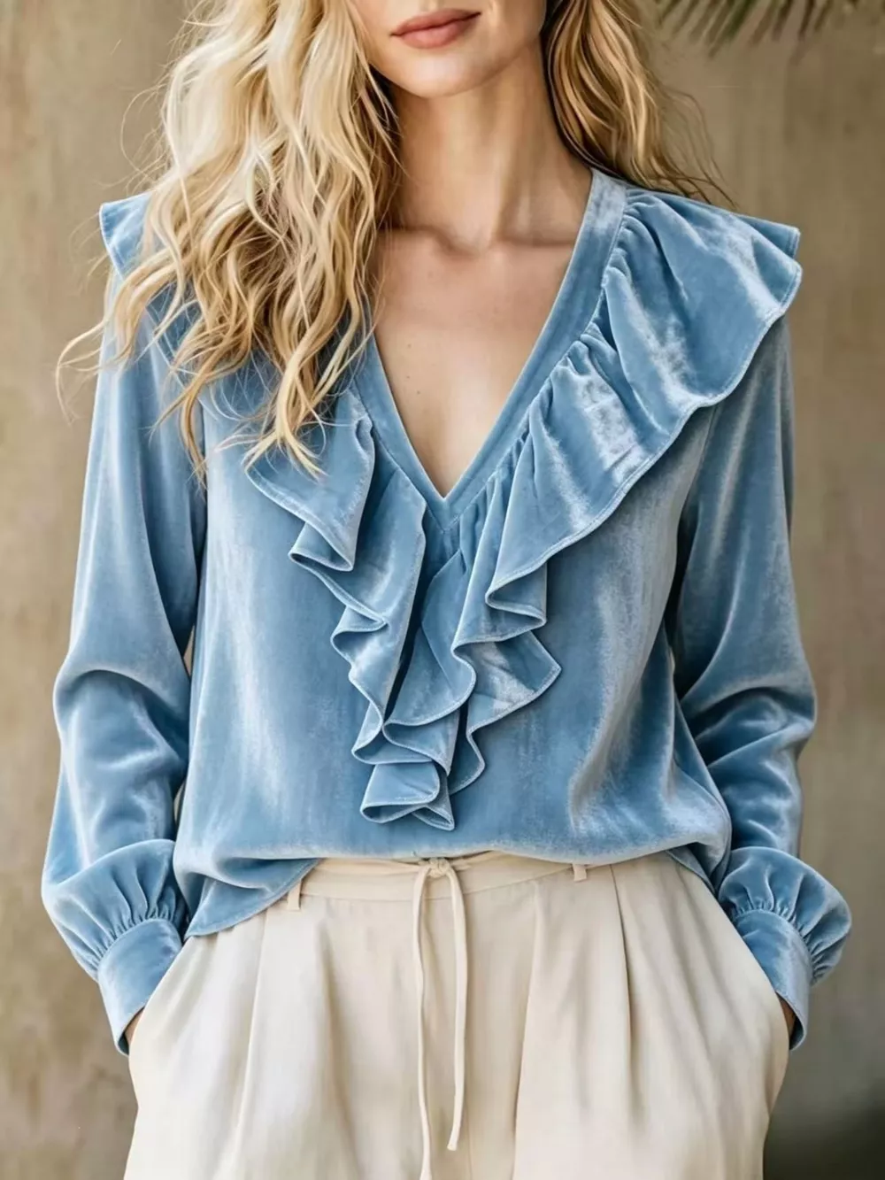 Full Size Velvet Ruffle V-Neck Blouse Plus Size, image 5
