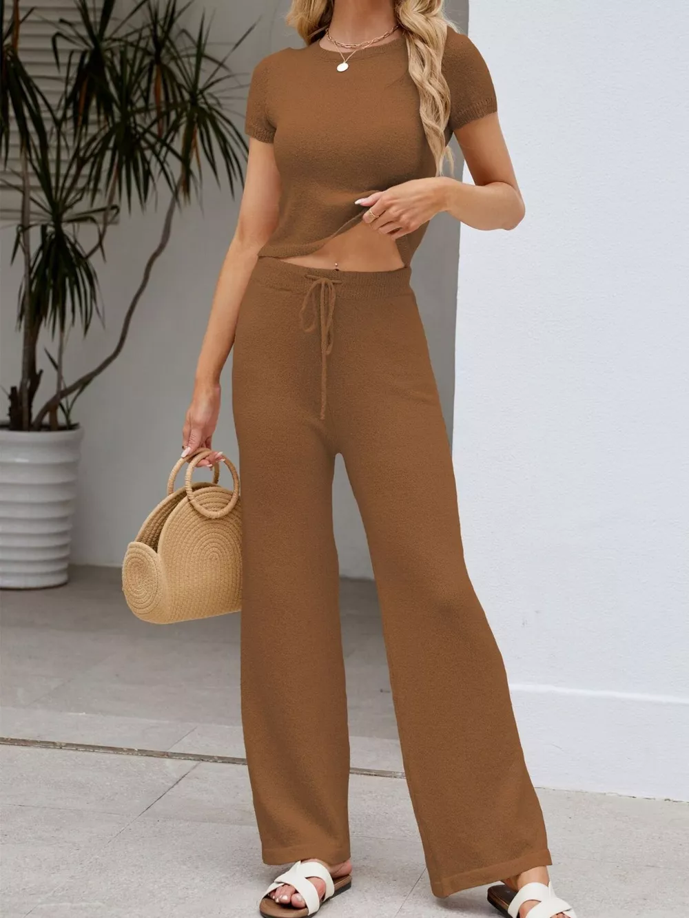 Solid Color Knit Short Sleeve Top and Wide Leg Pants Set, image 6