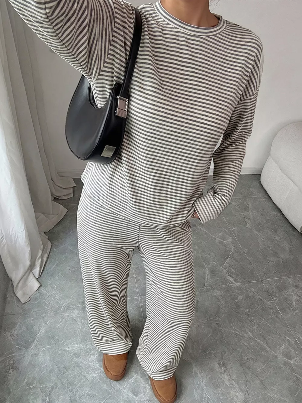 Striped Round Neck Top and Pants Set, image 3