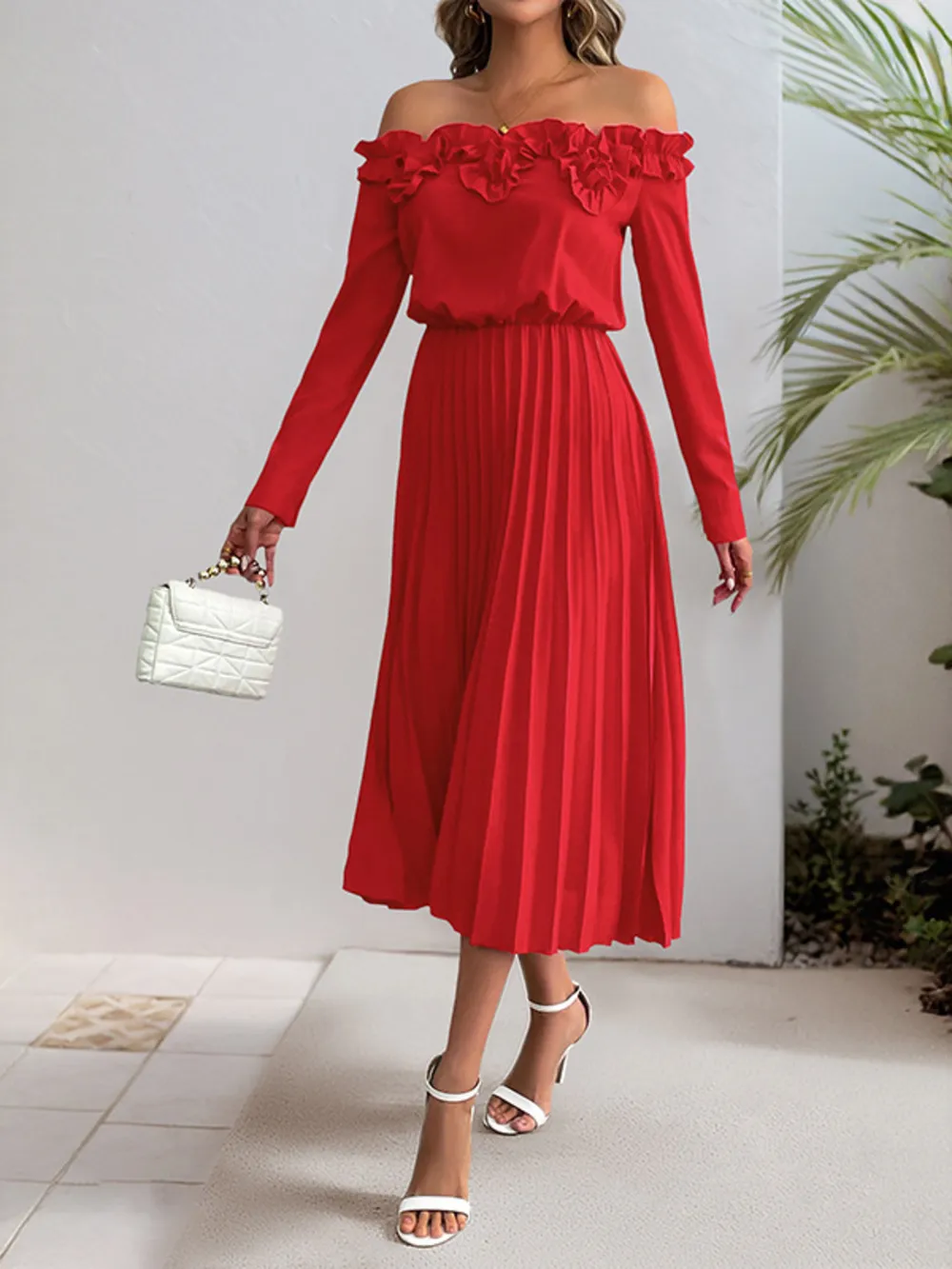 Off-Shoulder Ruffle Pleated Midi Dress, image 9