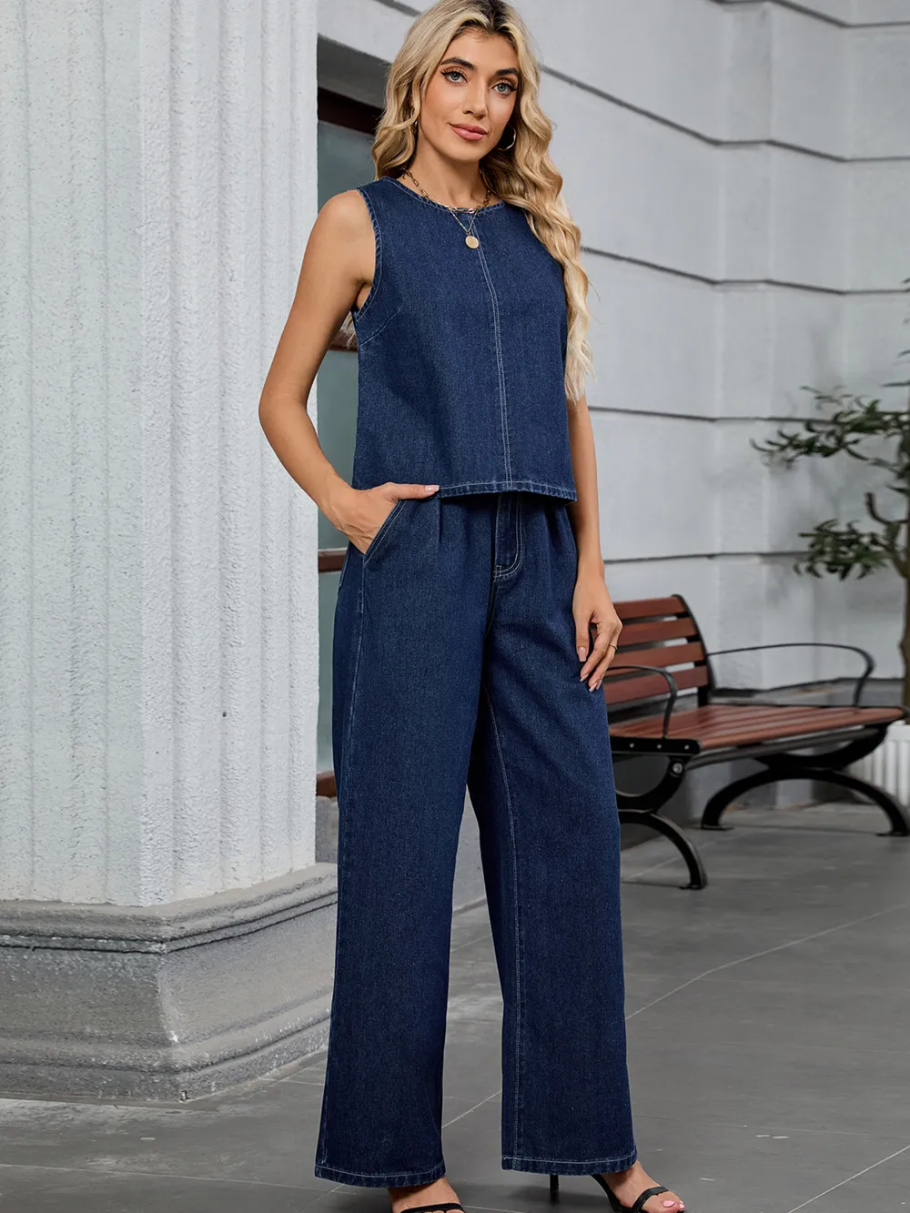 Round Neck Tank and Pants Denim Set, image 11