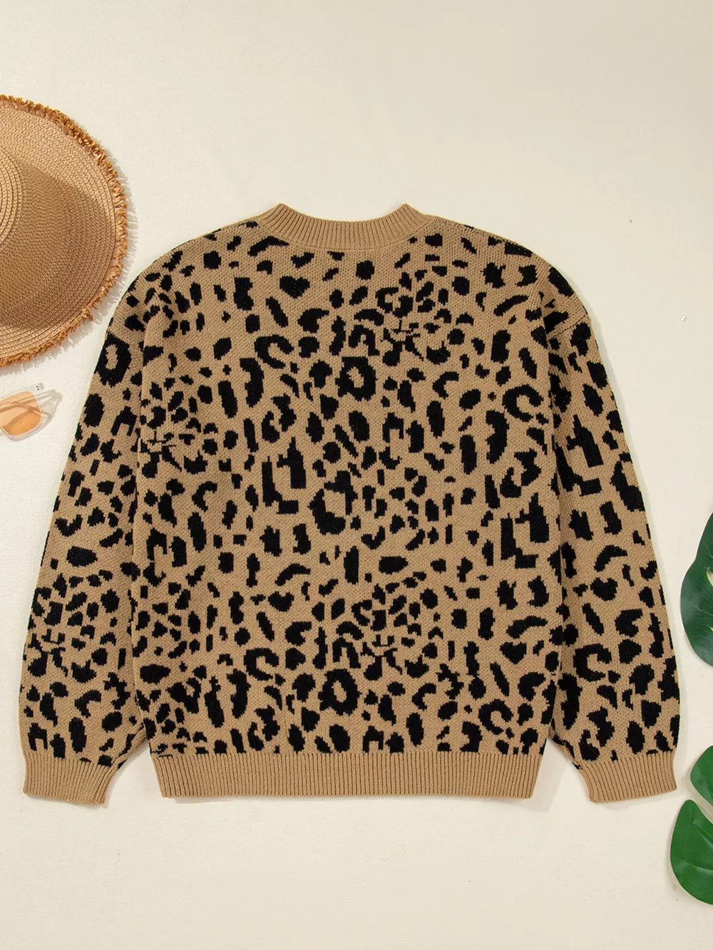 Ribbed Trim Round Neck Leopard Drop Shoulder Sweater, image 8