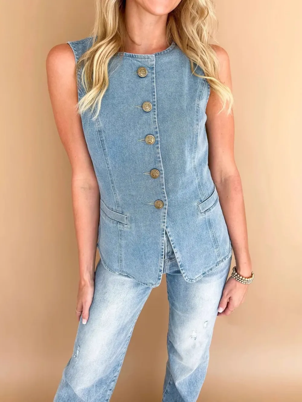Sleeveless Button-Front Denim Vest, image 2