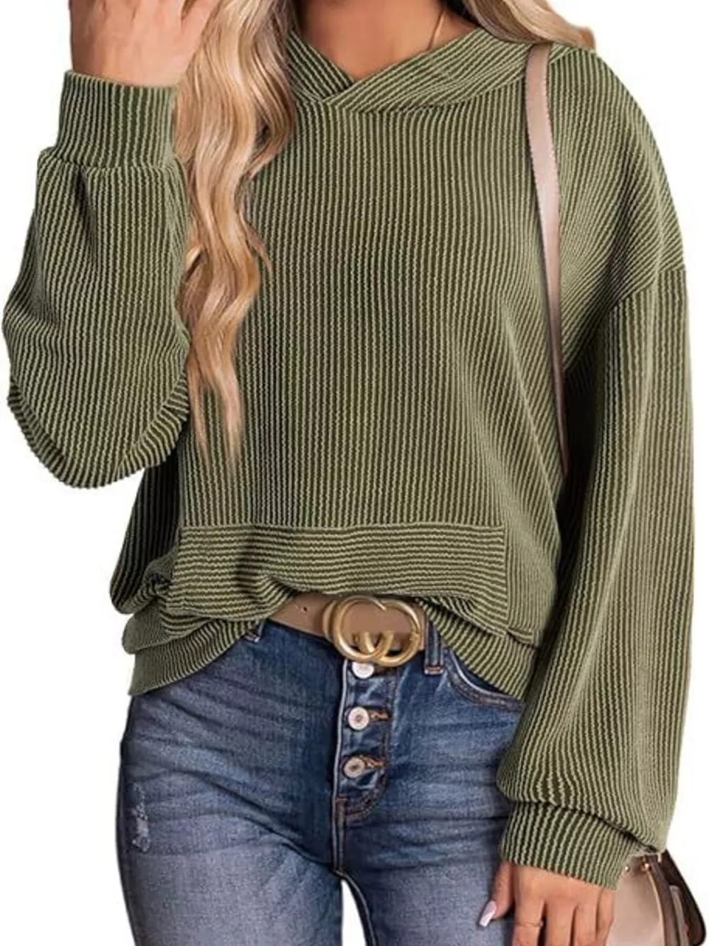 Ribbed Oversized Hoodie Sweatshirt with Pocket, image 14