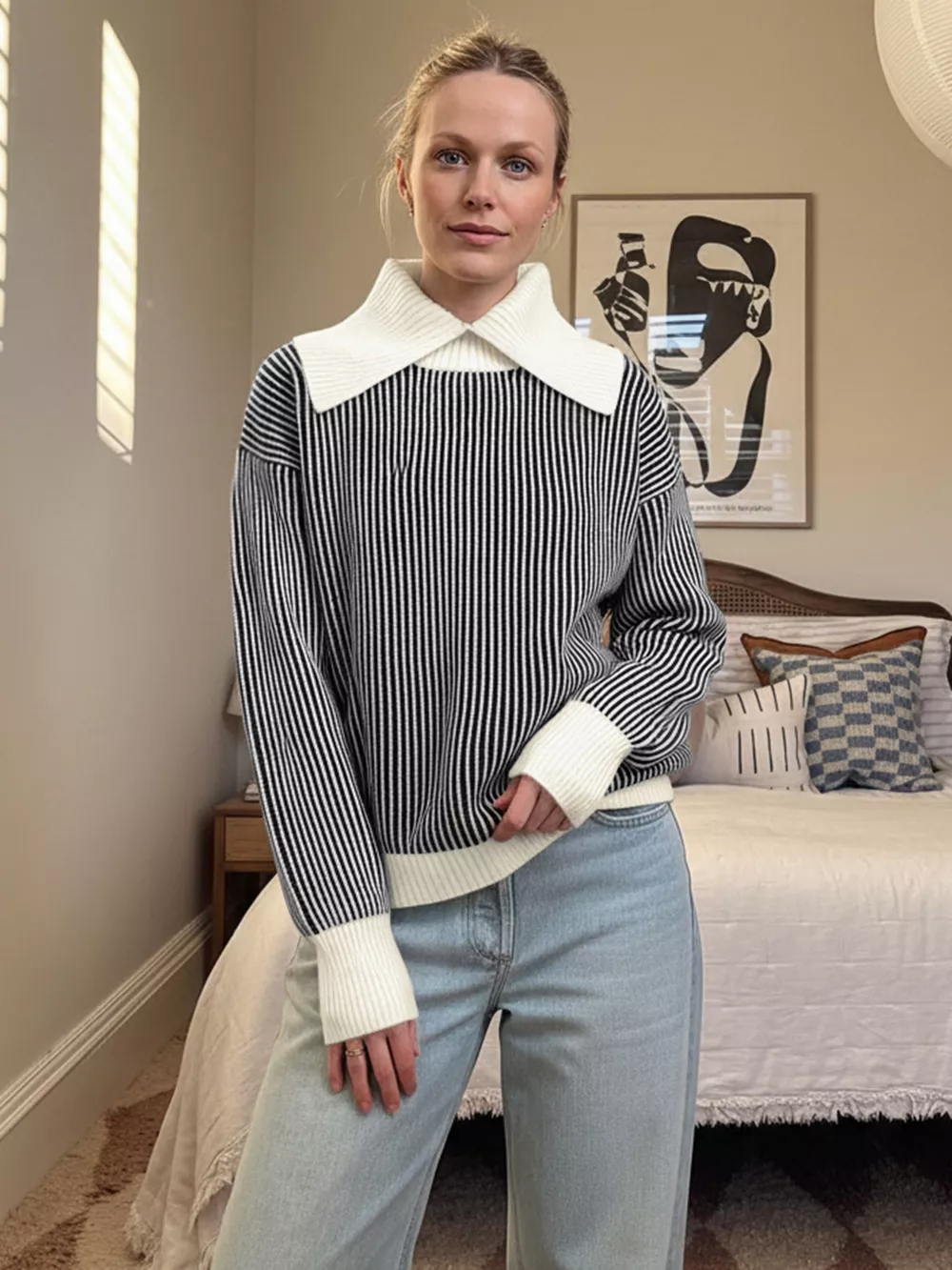 Striped Knit Sweater with Contrast Collar, image 2