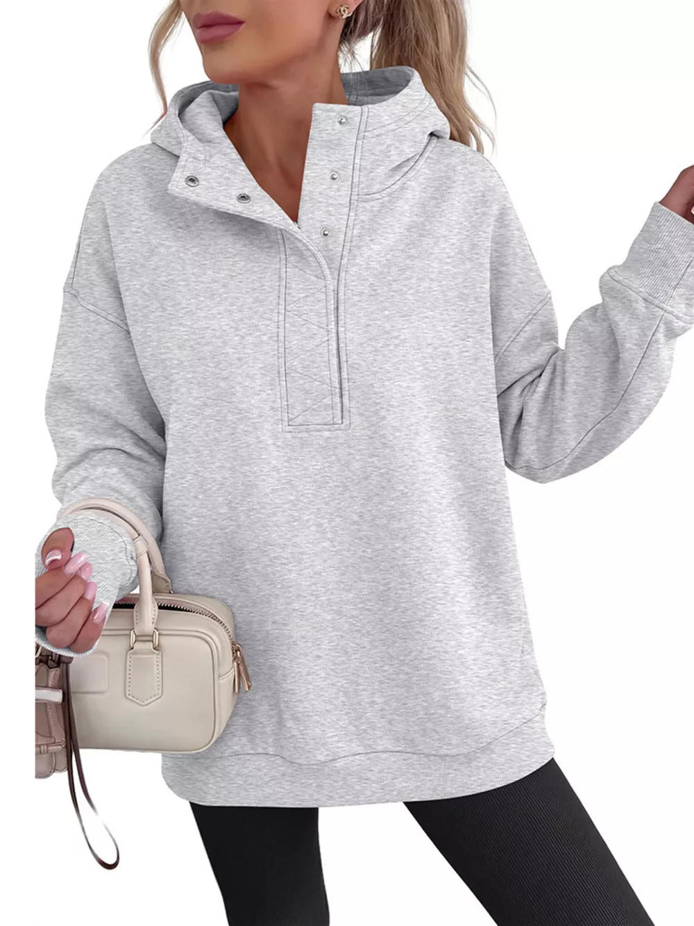 Half Snap Dropped Shoulder Hoodie, image 2